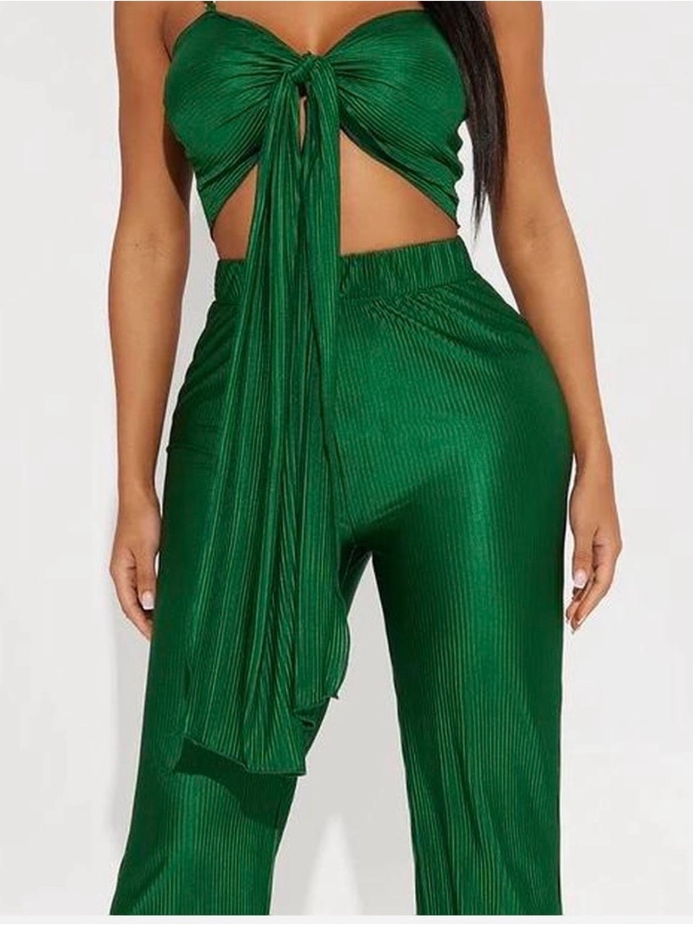 Emerald Wide-Leg Ribbed Jumpsuit Pants Set